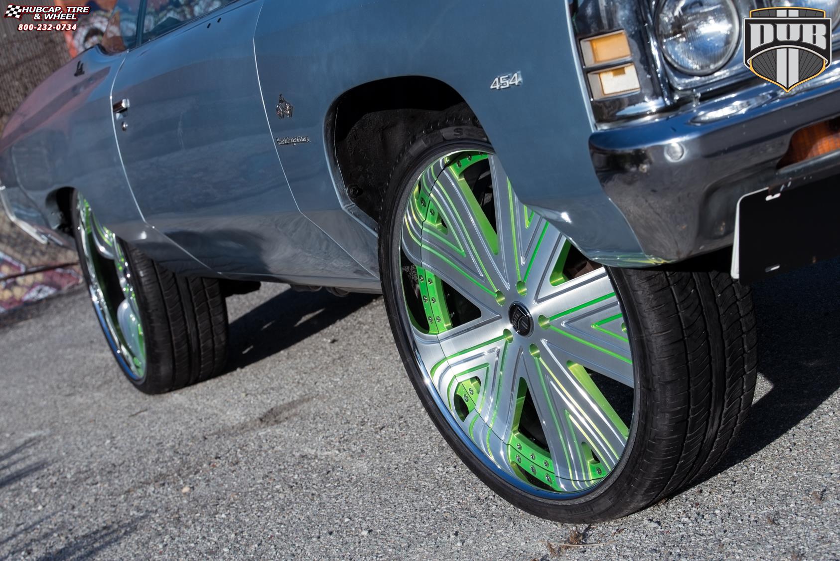 vehicle gallery/chevrolet impala dub x88 draft 26X9  Brushed face w/ green accents, chrome lip wheels and rims