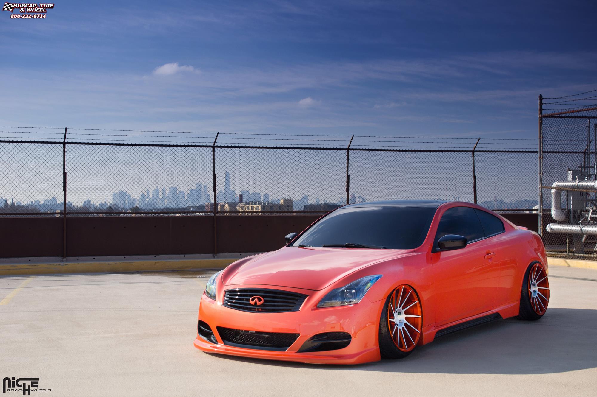 vehicle gallery/infiniti g37s niche surge 20x105  Brushed, Infiniti Orange, black accents wheels and rims