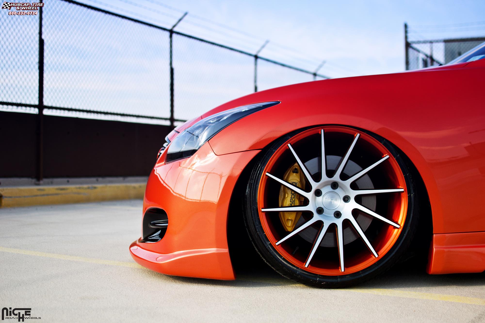 vehicle gallery/infiniti g37s niche surge 20x105  Brushed, Infiniti Orange, black accents wheels and rims