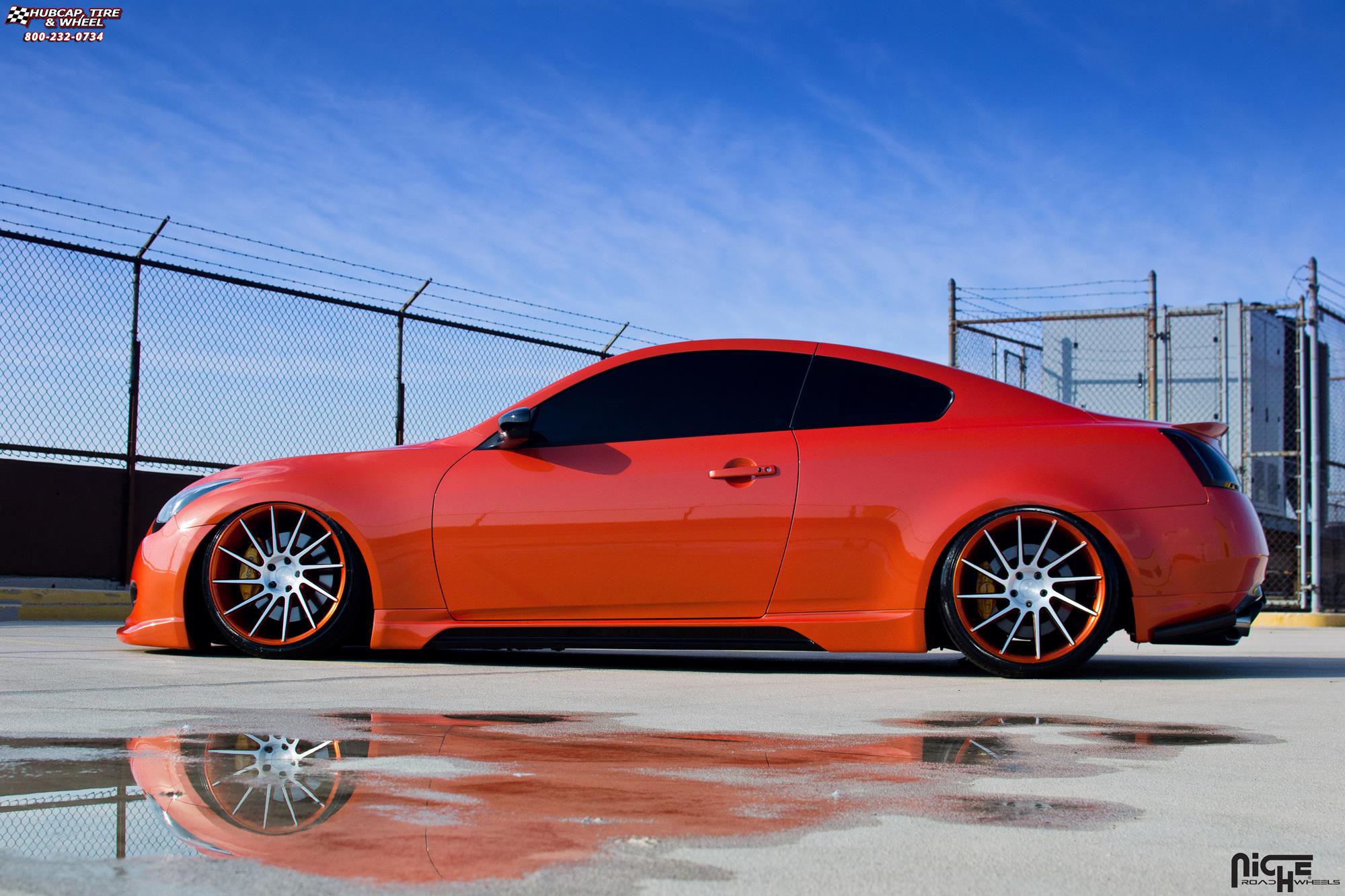 vehicle gallery/infiniti g37s niche surge 20x105  Brushed, Infiniti Orange, black accents wheels and rims