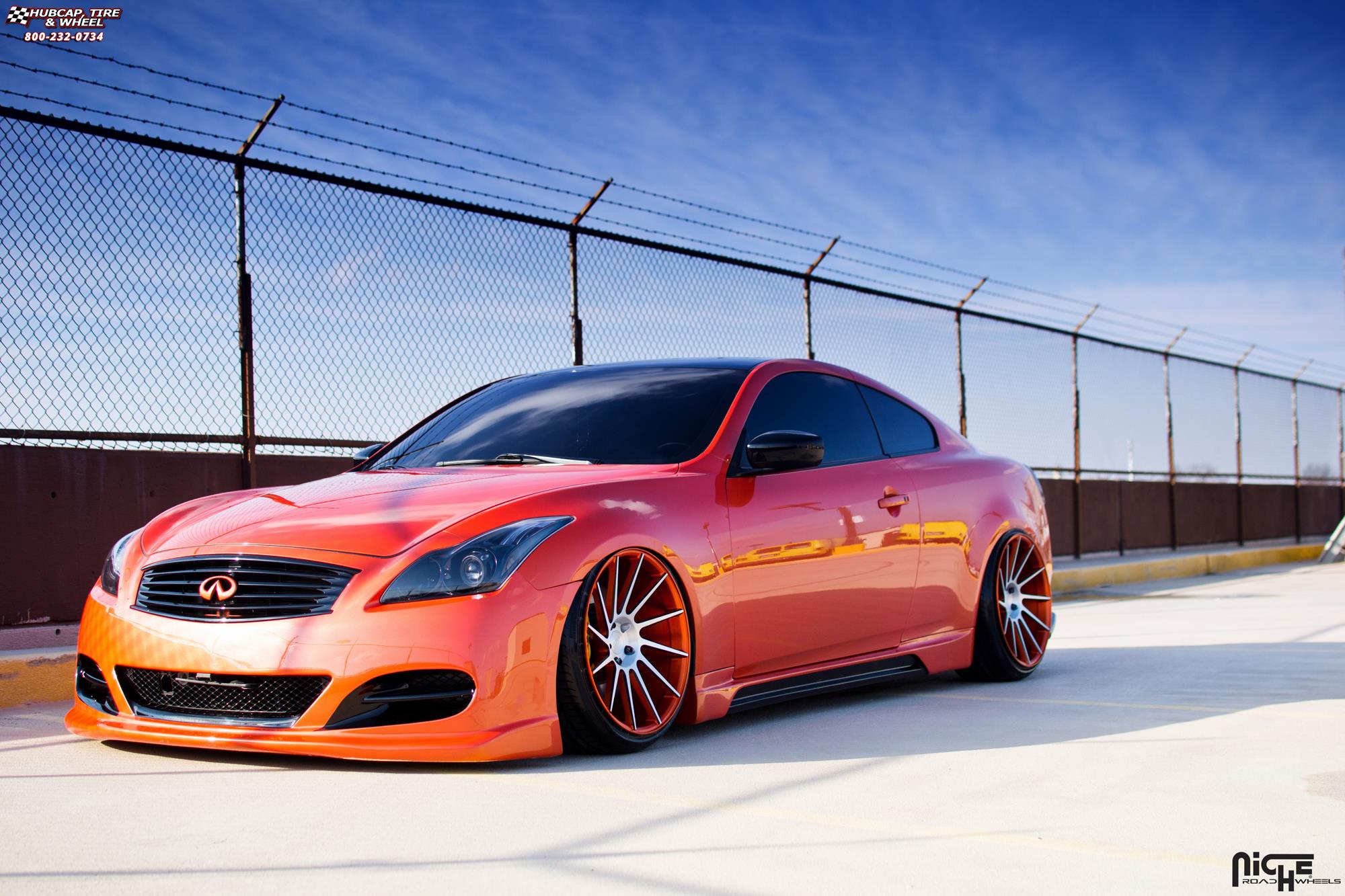 vehicle gallery/infiniti g37s niche surge 20x105  Brushed, Infiniti Orange, black accents wheels and rims