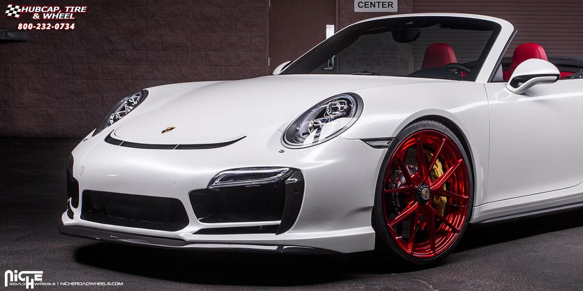 vehicle gallery/porsche 991 niche misano 21x9  Hi Luster Polish | Candy Apple Red | Gloss Clear wheels and rims