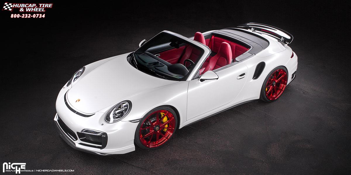 vehicle gallery/porsche 991 niche misano 21x9  Hi Luster Polish | Candy Apple Red | Gloss Clear wheels and rims