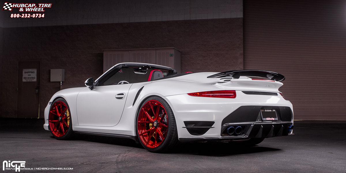 vehicle gallery/porsche 991 niche misano 21x9  Hi Luster Polish | Candy Apple Red | Gloss Clear wheels and rims