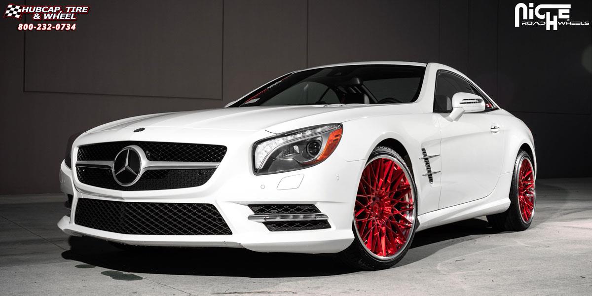 vehicle gallery/mercedes benz sl550 niche citrine 20x9 Brushed | Cady Red | Gloss Clear wheels and rims